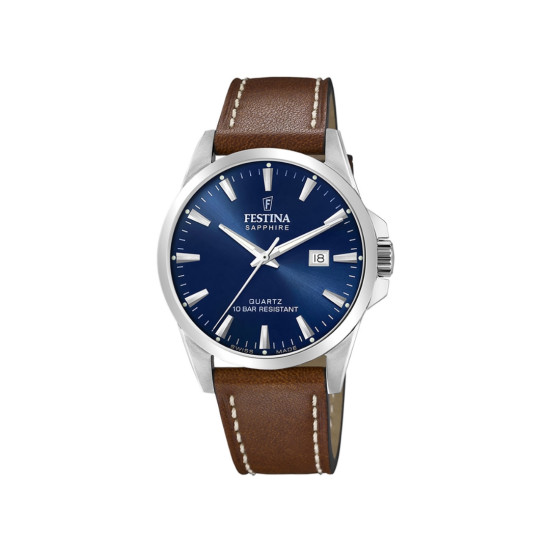 Festina F20025/3 muški sat CLASSICS Swiss Made Sapphire Crystal Brown kožni kaiš Sunray Marine Blue Dial 41mm