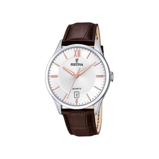 Festina F20426/4 muški sat Classics Silver Stainless Steel kožni kaiš Brown Rose Gold Detail White Dial 43mm