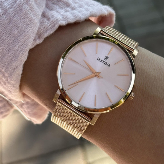 Festina F20477/1 ženski sat Boyfriend Minimalist Mesh Band Rose Gold Stainless Steel Pastel Light Roze Dial 38mm Bestseller