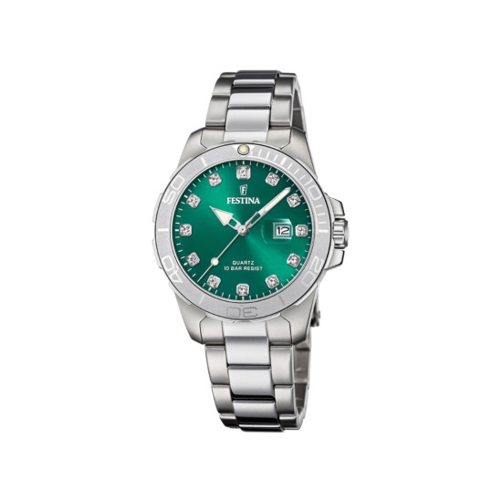 Festina F20503/7 ženski sat Boyfriend Elegant Sport Line Silver Stainless Steel Emerald Green Dial 34mm 10ATM