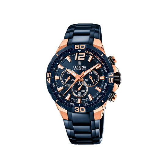 Festina F20524/1 muški sat Special Editions Chrono Bike Chronograph Deep Blue Stainless Steel Rose Gold Detail Blue Dial 44mm 10ATM Bestseller