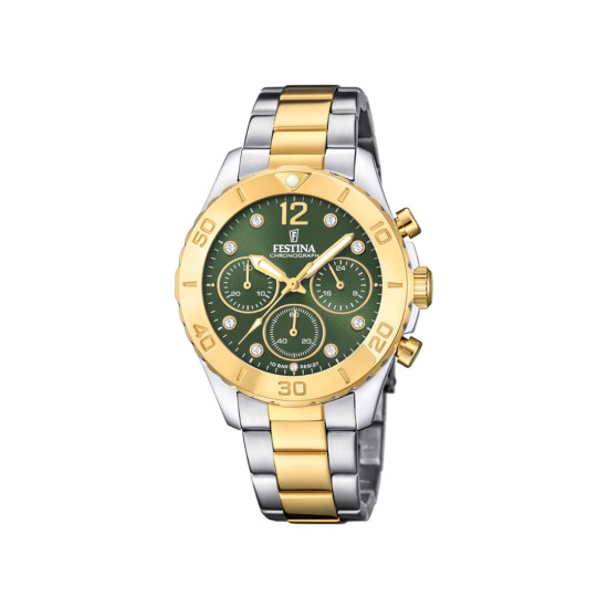 Festina F20604/2 ženski sat BOYFRIEND Chronograph Two Tone Gold Silver Stainless Steel Sunray Olive Green Dial 39mm 10ATM