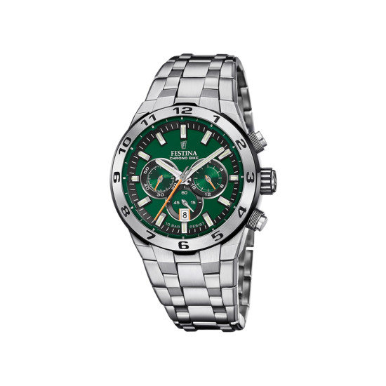 Festina F20670/2 muški sat Chrono Bike Chronograph Silver Stainless Steel Fresh Green Dial 44mm Orange Detail 10ATM