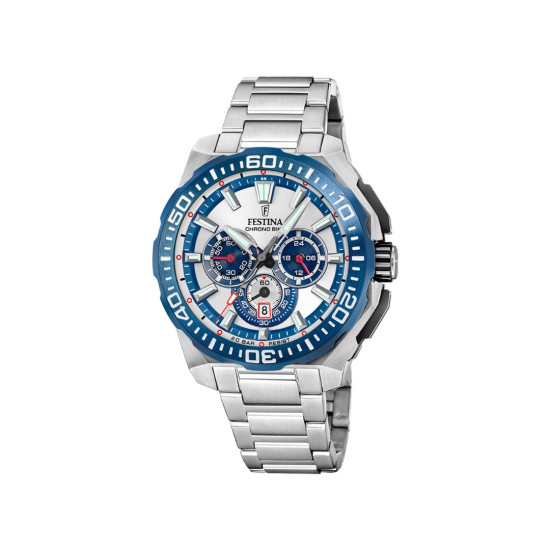 Festina F20724/1 muški sat Chrono Bike Chronograph Silver Stainless Steel Light Blue Detail White Dial 45mm 20ATM