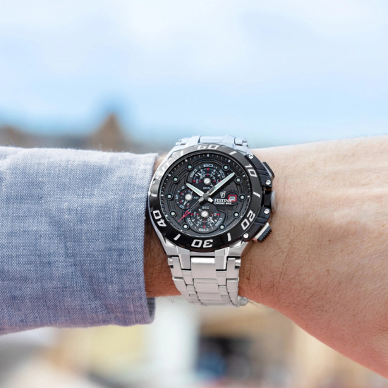 Festina F20754/6 muški sat Chrono Bike Chronograph Silver Stainless Steel Black Dial 46mm Red Detail 20ATM
