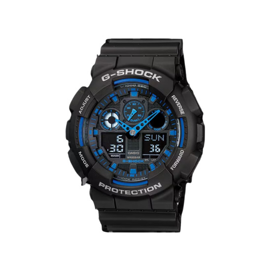 G-SHOCK GA-100-1A2 muški sat Bestseller Icon Analog-Digital All Black Blue Accent 20ATM