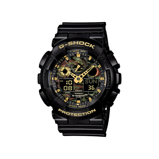 G-SHOCK GA-100CF-1A9 muški sat Bestseller Icon Analog-Digital All Black Camouflage Dial Green Gold accents 20ATM