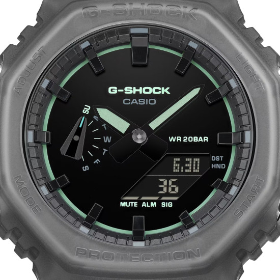 G-SHOCK GA-2100K-1A unisex Octagon Case Futuristic Nightlife All Gray Matte Finish Transparent Avokado Green detail 20ATM