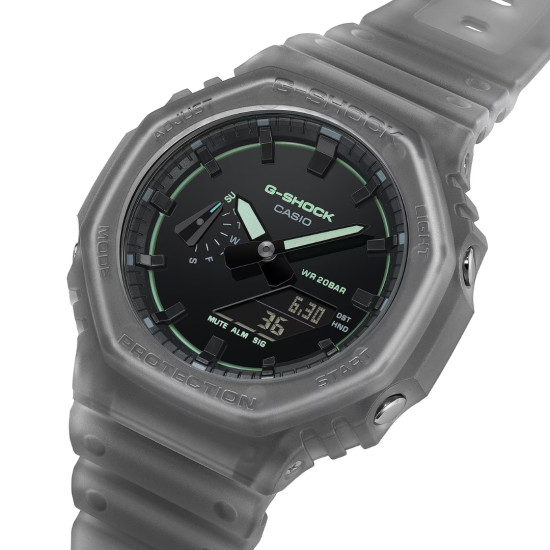 G-SHOCK GA-2100K-1A unisex Octagon Case Futuristic Nightlife All Gray Matte Finish Transparent Avokado Green detail 20ATM