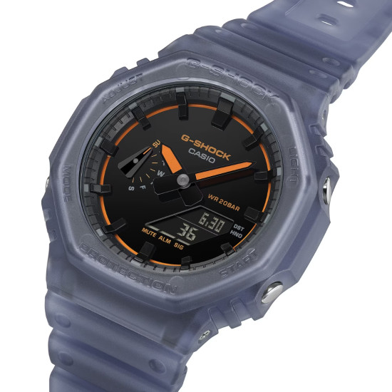 G-SHOCK GA-2100K-2A unisex Octagon Case Futuristic Nightlife All Dark Orchid Matte Finish Transparent Orange detail 20ATM