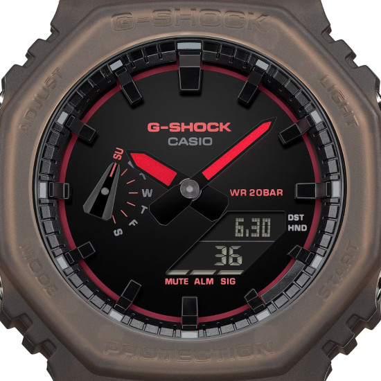 G-SHOCK GA-2100K-5A unisex Octagon Case Futuristic Nightlife All Brown Matte Finish Transparent Neon Red detail 20ATM