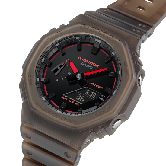 G-SHOCK GA-2100K-5A unisex Octagon Case Futuristic Nightlife All Brown Matte Finish Transparent Neon Red detail 20ATM