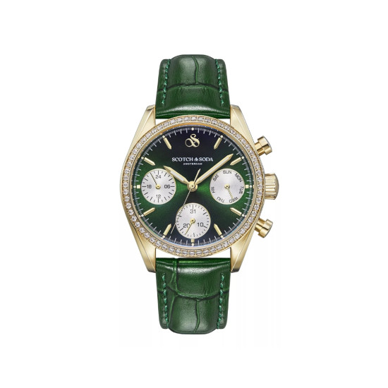 Scotch & Soda Amsterdam SSW.121D ženski sat Emerald Royale Green Sunray Multifunction Crystal BezelGold Tone Croco kožni kaiš 35mm