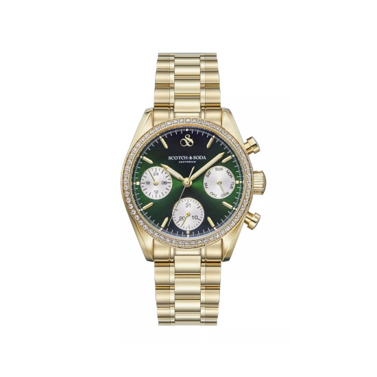 Scotch & Soda Amsterdam SSW.122C ženski sat Emerald Gold Statement Crystal Bazel Deep Green Sunray Multifunction Dial 35mm