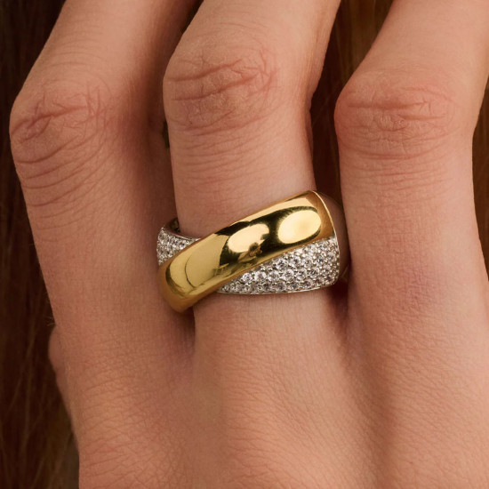 TI SENTO 12404ZY/56 prsten Bold White Hand-set Zirconia Crossover Sterling Silver 925 Yellow Gold Plated Veličina 56