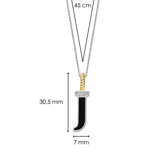 TI SENTO 6840BL_J ogrlica Letters J Personal Signature Zirconia Black Emajl Sterling Silver 925 Yellow Gold Plated Slovo J