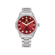 Tommy Hilfiger 1782794 ženski sat TH85 CRYSTALS Classic Line Silver Tone Stainless Steel Small Cubic Zirconia Burgundy Dial Gold Detail 36mm