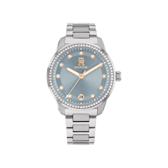 Tommy Hilfiger 1782795 ženski sat TH85 CRYSTALS Classic Line Silver Tone Stainless Steel Small Cubic Zirconia Dusty Blue Dial Rose Gold Detail 36mm