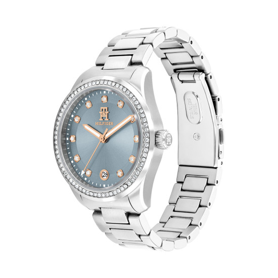 Tommy Hilfiger 1782795 ženski sat TH85 CRYSTALS Classic Line Silver Tone Stainless Steel Small Cubic Zirconia Dusty Blue Dial Rose Gold Detail 36mm