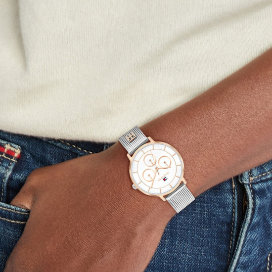 Tommy Hilfiger 1782879 ženski sat Tea Multifunkcionalni Silver Stainless Steel Rose Gold Detail Mesh Band White Dial 36mm