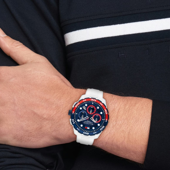 Tommy Hilfiger 1792231 muški sat Regatta Chronograph White Silicone Red Detail Marine Blue Dial 44mm 10ATM