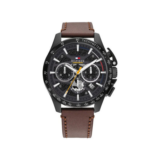 Tommy Hilfiger 1792291 muški sat Bank Black IP Chronograph Brown kožni kaiš Yellow Second Hand 44mm