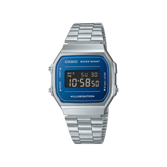 Casio Vintage A168WEM-2B unisex Iconic Retro style Blue Dial Mirror finishing face