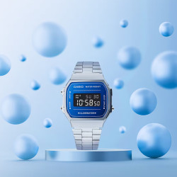 Casio Vintage A168WEM-2B unisex Iconic Retro style Blue Dial Mirror finishing face