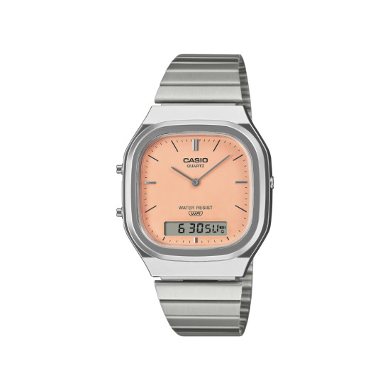 Casio Vintage AQ-240E-4A unisex Edgy Silver Tone Xl Peach Dial Edition
