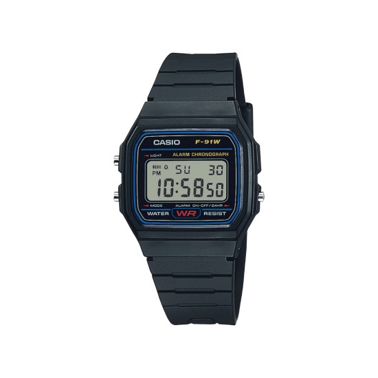 Casio Vintage F-91W-1 unisex Legendary Slim Digital Micro Light Iconic Desing Black Deep Blue Line 35mm Bestseller
