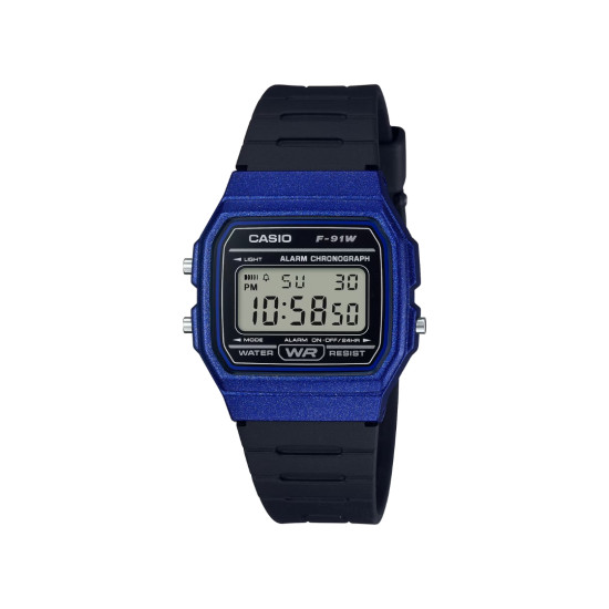 Casio Vintage F-91WM-2A unisex Legendary Slim Digital Micro Light Iconic desing Black Neon Blue detail