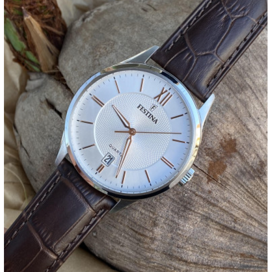 Festina F20426/4 muški sat Classics Silver Stainless Steel kožni kaiš Brown Rose Gold Detail White Dial 43mm