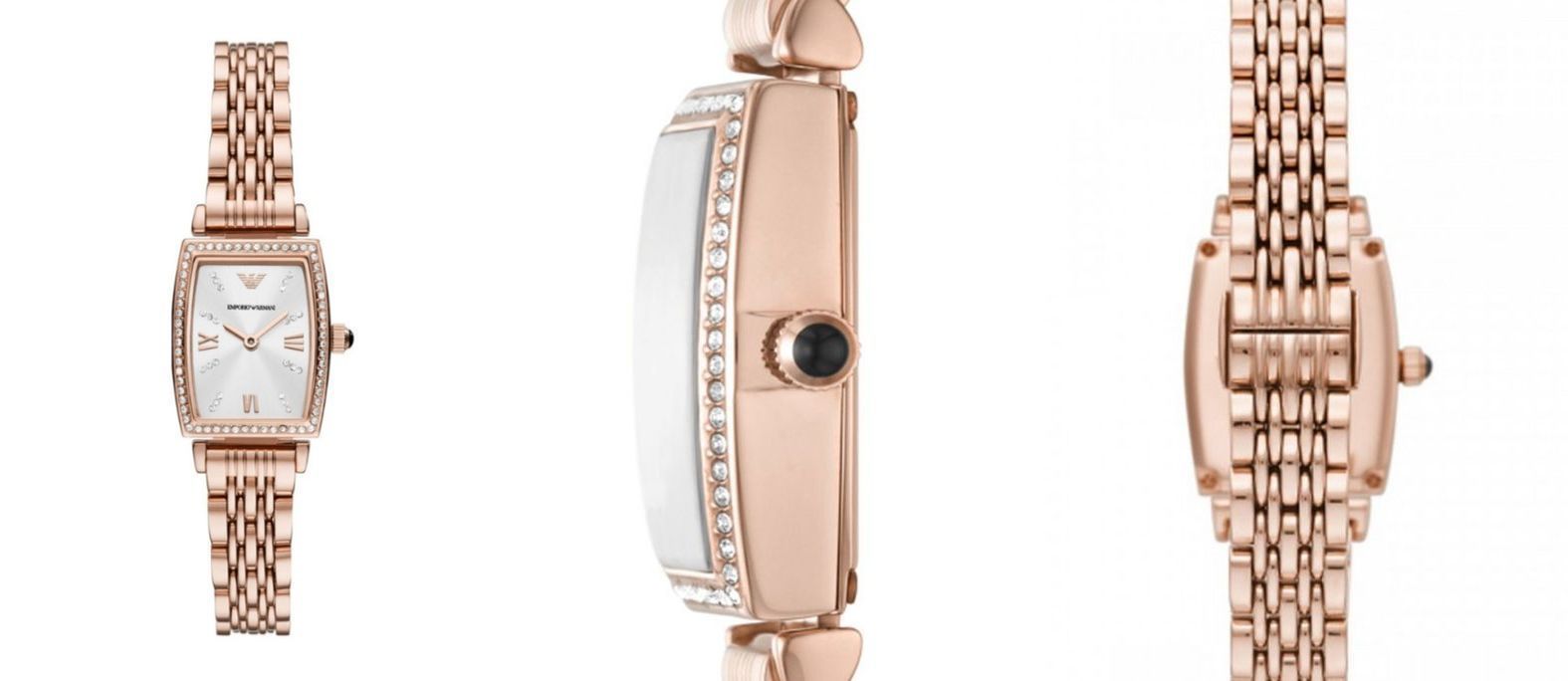 Elegantni ženski sat Emporio Armani AR11406 u rosegold boji sa pravougaonim kućištem i narukvicom od nerđajućeg čelika