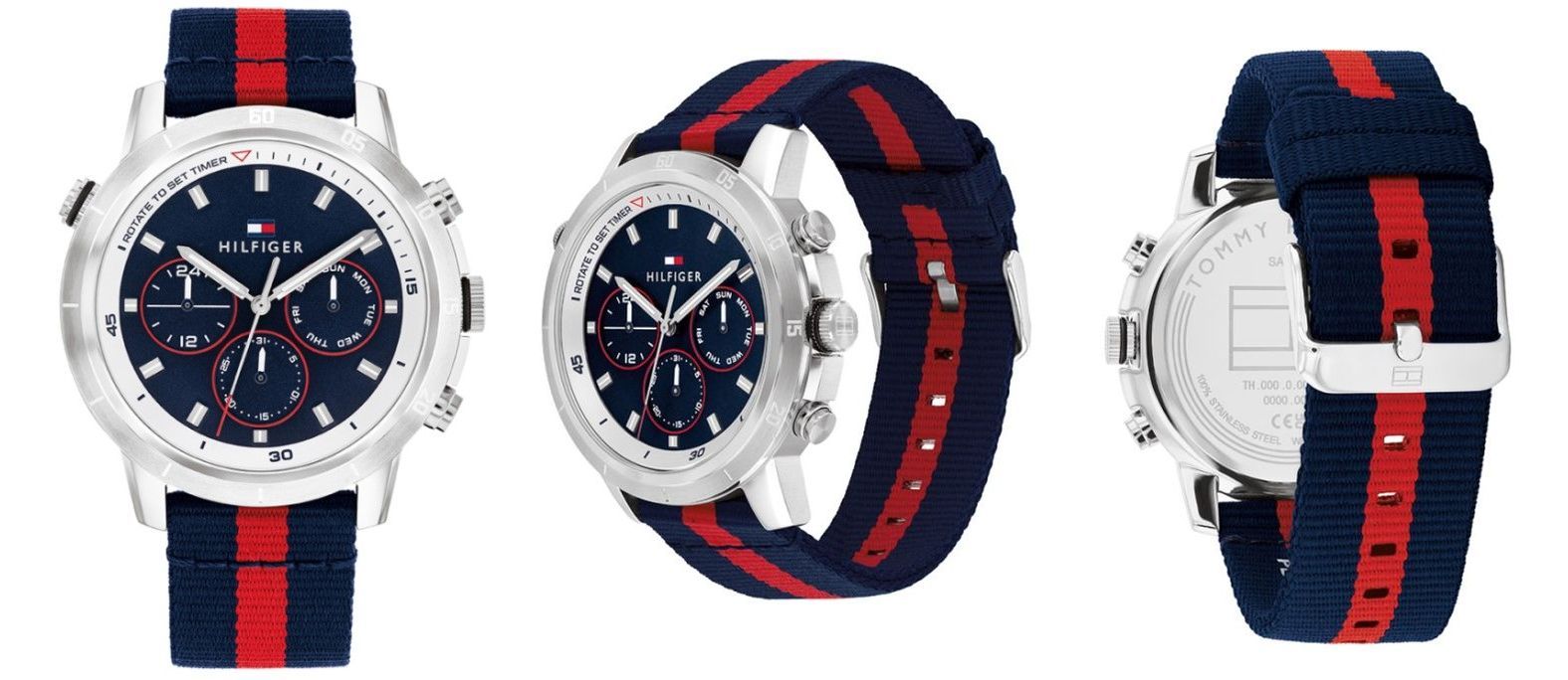 Muški sat Tommy Hilfiger model 1792124 sa tamnoplavim i crvenim platnenim kaišem i plavim brojčanikom